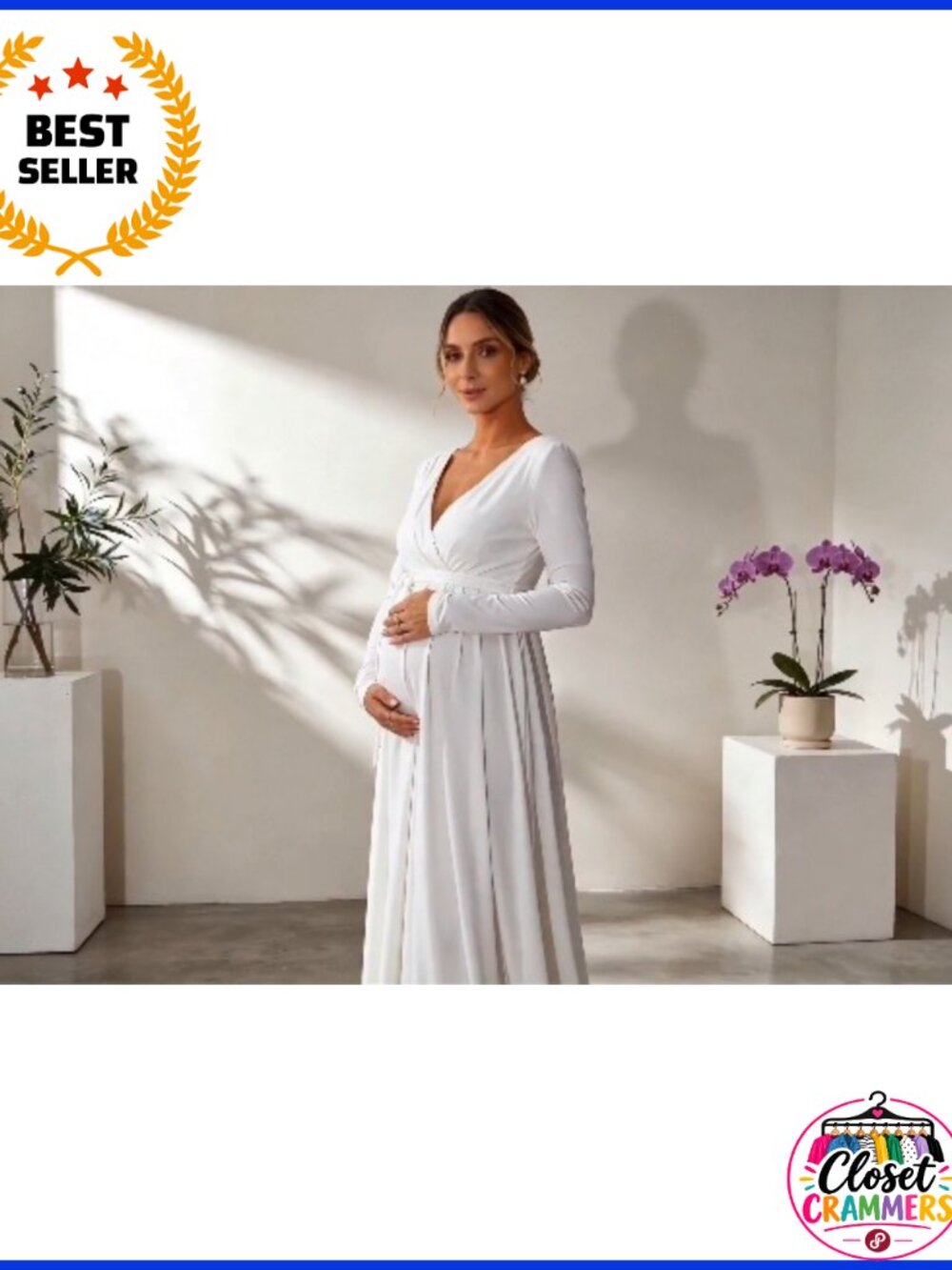 Maternity Maxi Dress V-Neck Long Sleeve Tie Waist Baby Shower Gown - Picture 6 of 6